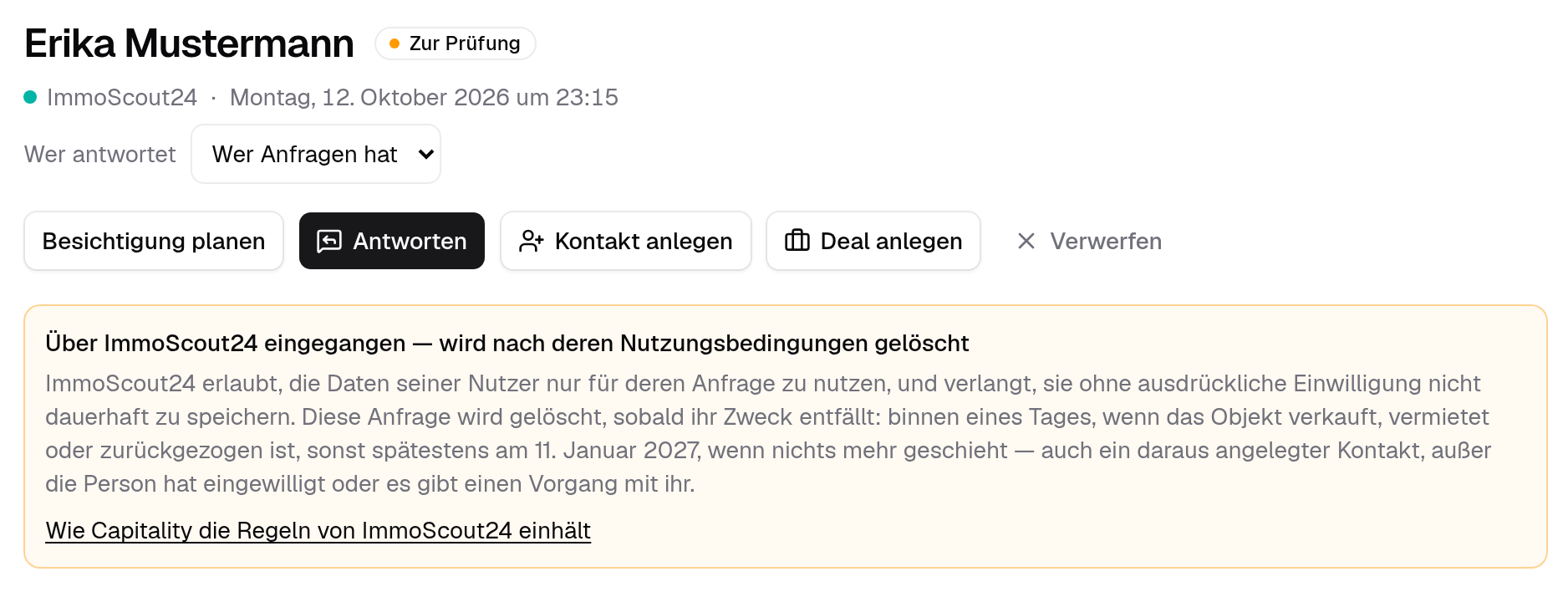 Eine Anfrage von ImmoScout24 mit ihrem Löschdatum