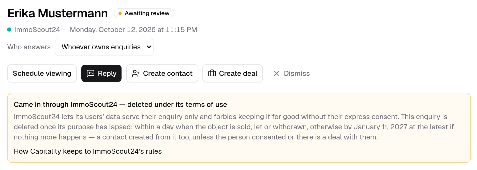 An enquiry from ImmoScout24 with its deletion date